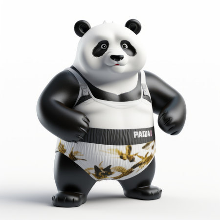 a 3d rendered plastic cartoon of a panda wearing a tank top, showcasing its full body. the panda is depicted against a white background. ai generatedの素材