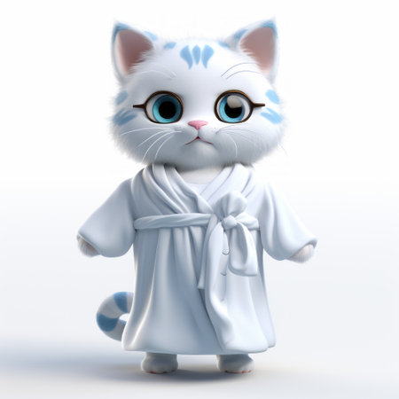 a 3d rendered plastic cartoon of a cat wearing a nightgown, showcasing its full body. the cat is depicted against a white background, adding a clean and minimalist touch to the image. ai generatedの素材