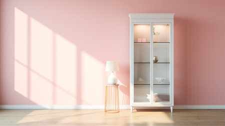 display cabinet, pastel pink wall, soft setting, feminine, product showcasing. ai generatedの素材