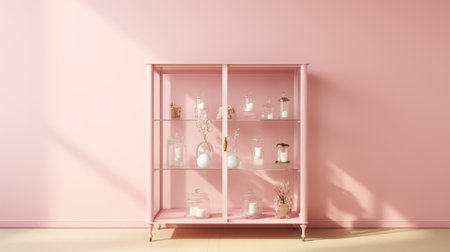 display cabinet, pastel pink wall, soft, feminine, product showcasing. ai generatedの素材