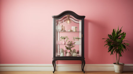 curio cabinet, pastel pink wall, soft, feminine, product showcasing, ai generatedの素材