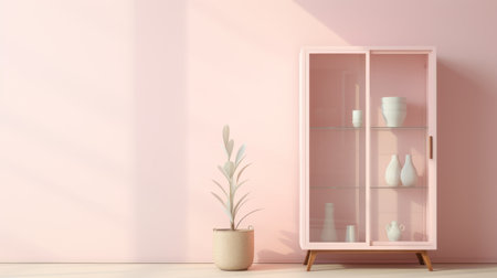 curio cabinet, pastel pink wall, soft, feminine, product showcasing. ai generatedの素材