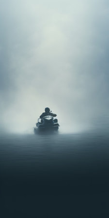 a small jet ski is seen in a deep depth of field, surrounded by a vast bight of fog. in the distance, a mysterious figure emerges, blowing a foghorn. this unconscious minimalist literature captures the enigmatic atmosphere of the scene. close-up shots enhance the intrigue and intensity of the moment. ai generatedの素材