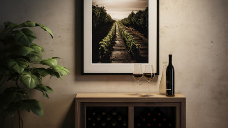 wine cellar design picture frame mock up leaning against a neutral coloured wall next to some plants with even lighting. ai generatedの素材