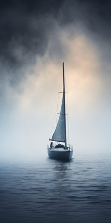 small yacht lost in fog with mysterious figure blowing foghorn. hallucination simplicity in design, deep depth of field, close-up shot captures the enigmatic atmosphere. ai generatedの素材