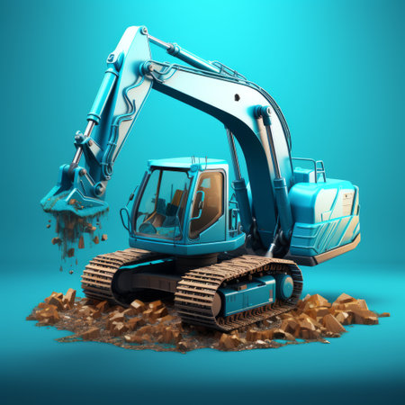 a turquoise cartoon excavator, inspired by starcraft, is depicted in this 3d cgi artwork. the vibrant turquoise color of the excavator stands out against the matching turquoise background, creating a visually striking composition. ai generatedの素材