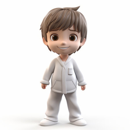 a 3d rendered plastic cartoon of oliver wearing pajamas is depicted in this image. the cartoon character is shown in a full-body view against a white background. ai generatedの素材