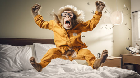 a playful monkey leaps joyfully on a bed, showcasing its agility and curiosity. the mischievous primate bounces on the soft sheets, displaying its acrobatic skills. this adorable scene captures the energy and liveliness of the monkey as it explores its surroundings, bringing a sense of cheerfulness and amusement. ai generatedの素材