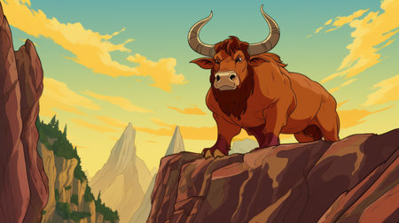 an animated bull with bone spikes protruding from its powerful physique stands on the edge of a sheer cliff, set in a high mountain landscape. this action-packed cartoon image combines elements of baroque madness, 1980s aesthetics, and devilcore, reminiscent of d&d adventures. ai generatedの素材