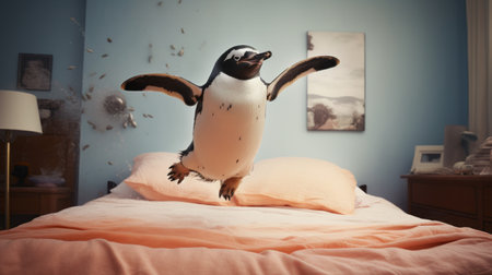 a playful penguin jumps on a bed covered in colorful sheets, showcasing its joyful nature. this adorable penguin brings life to the room as it leaps with excitement, adding a touch of whimsy to any space. ai generatedの素材