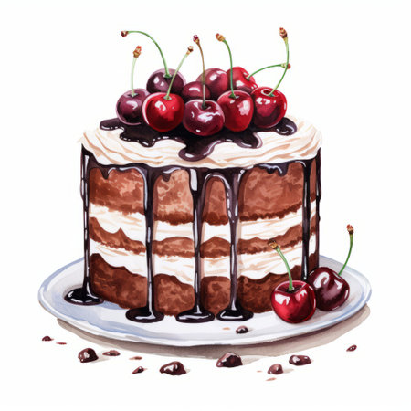 a stunning watercolor clipart featuring a delicious black forest cake, showcased against a clean white background. this clipart captures the intricate details and rich colors of the cake, making it perfect for various design projects. ideal for food-related themes, baking blogs, and culinary illustrations. ai generatedの素材