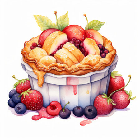 a vibrant watercolor clipart featuring a delicious assortment of fruit cobbler on a clean white background. this clipart showcases the mouthwatering beauty of various fruits combined in a delectable dessert. perfect for adding a touch of sweetness to your designs, invitations, or culinary projects. ai generatedの素材