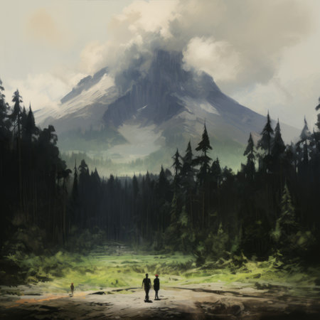 a photo capturing the sense of scale as people appear tiny amidst monumental vistas and extremely tall coniferous trees. this stunning image, taken by xenixx and krenz cushart in a plein air volcano setting, showcases a low depth of field and dusty piles. it evokes the artistic style of romaine brooks and was commissioned for a special project. ai generatedの素材