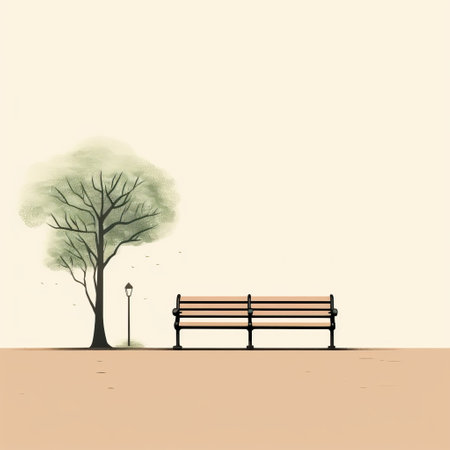 a minimalist-style bench in a park, embraced by lush trees and accompanied by a lamp post. this simplistic vector artwork, reminiscent of nostalgic tones, captures the essence of nature. earth-toned illustrations enhance the beauty of this breathtaking scene. ai generatedの素材