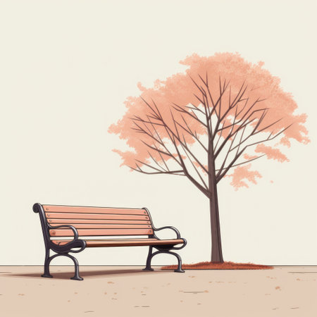 a minimalist-style bench in the park, positioned near a tree. the illustration showcases intricate details with a light maroon and light brown color scheme against a matte background. the artwork features a strong contrast of light pink and orange tones, making it an eye-catching wallpaper option. ai generatedの素材