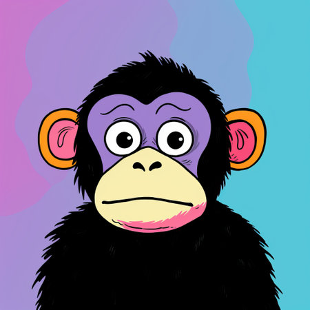 chimp with a distinctive nose smiles brightly in the background of this pop art cartoonish illustration. the dark violet and dark amber colors create an eye-catching composition reminiscent of children's book illustrations. the colorful moebius and affandi influences are evident in this playful and vibrant artwork. ai generatedの素材