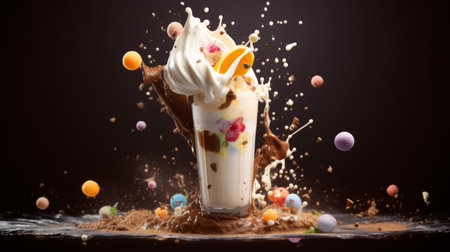 a milkshake, inspired by the artistic styles of olivier ledroit, miki asai, and herve guibert, is captured in this image. the photograph showcases a high tonal range, creating a rich and immersive visual experience. ai generatedの素材
