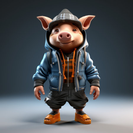a 3d cartoon boar is designed in urban attire, exuding a super cute appeal. the boar is creatively dressed in trendy streetwear, showcasing a contemporary and adorable look. perfect for those seeking a unique and stylish character design featuring a boar in fashionable urban clothing. ai generatedの素材