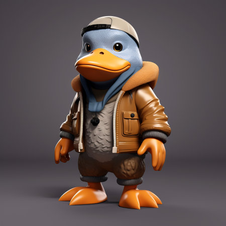 a 3d cartoon platypus is depicted wearing trendy urban attire, exuding a super cute charm. this unique illustration merges urban fashion with adorable animal art, creating a delightful and stylish character ideal for various design projects. ai generatedの素材