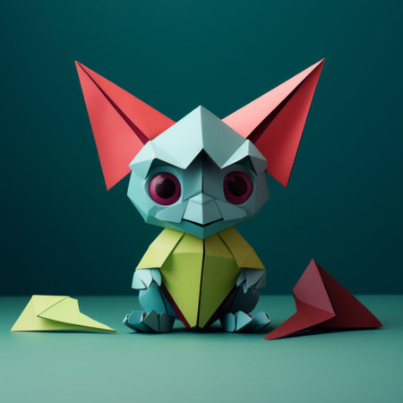 origami adam, a unique yokai-inspired origami creation, showcases colorful minimalism and graffiti-inspired animals. the dark crimson and cyan hues add a touch of goblin academia, while the shiny eyes bring the daz3d illustration to life. ai generatedの素材