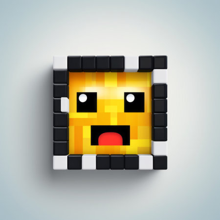 a square blue minecraft icon featuring a smiley face, designed in an aggressive digital illustration style. the icon showcases detailed character expressions with a dark yellow and white color scheme. created in a 3d format, the icon is enhanced with softbox lighting, adding depth and dimension. it is complemented by luxurious wall hangings and features caricature faces for a playful touch. ai generatedの素材