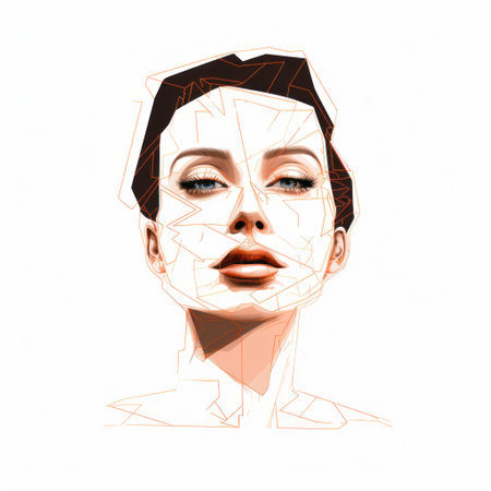 an art illustration featuring a woman with fragmented geometry, showcasing realistic hyper-detailed portraits. the image captures her hands and jaw lines, using minimalistic white and orange lines. inspired by the styles of amedeo modigliani and jon foster, this artwork evokes a sense of depth and complexity. ai generatedの素材