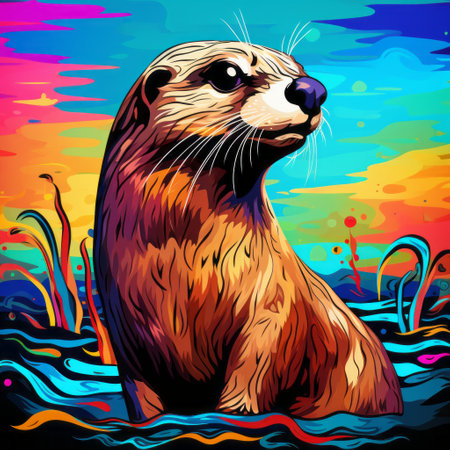 an otter gracefully swims in vibrant waters, surrounded by a stunningly colorful background. the artwork is a masterpiece of precision painting, featuring linear illustrations and a richly saturated color scheme. the bentwood and prairiecore influences are evident, while the masterful use of spray paint adds depth and texture to the piece. ai generatedの素材