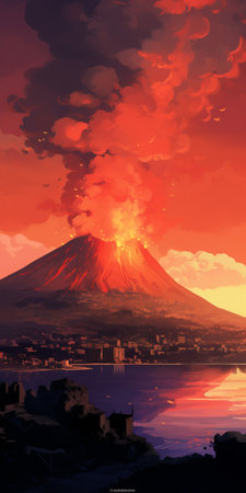 volcanic eruption in the sea captured in a crisp neo-pop illustration style. the atmospheric cityscapes and anime-inspired elements create a beautiful contrast of dark red and light orange. the simple yet colorful 3840x2160 image showcases the stunning beauty of the natural phenomenon. ai generatedの素材