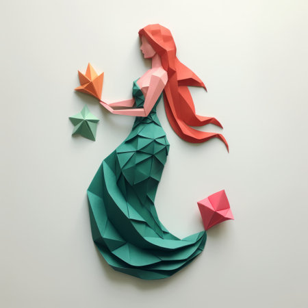 mermaid with hand-cut paper wavy tail and star laying on a white wall, in the style of dark orange and light emerald, multifaceted geometry, dark pink and light aquamarine. the artwork is reminiscent of walt disney's style and delicate constructions, with influences from zbrush and tsuchiya koitsu. ai generatedの素材
