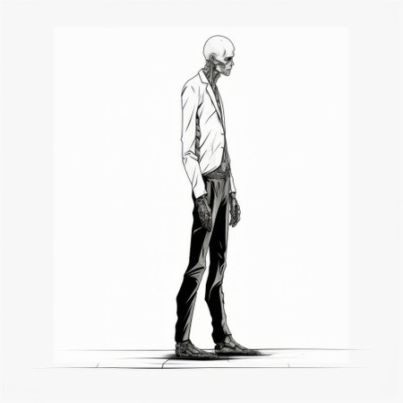 cartoon character with hands raised in minimalist ink wash style, reminiscent of aron demetz. the hyper-detailed rendering gives a realistic and skeletal appearance, similar to the work of greg rucka and alessandro gottardo. this street-savvy character looks forward with a playful yet determined expression. ai generatedの素材