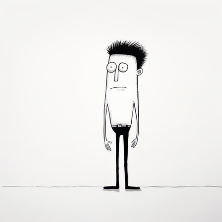 man with long hair standing up in a minimalist cartoon style, stark black and white photography, traditional animation, poodlepunk, chilling creatures, slender, frayed. ai generatedの素材