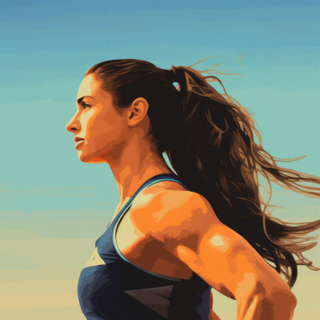 woman with short ponytail running in a digital painting style. the celebrity-portraits, sky-blue and amber background enhances her strong facial expression. the american tonalist and realist detail add depth to the 8k image. ai generatedの素材