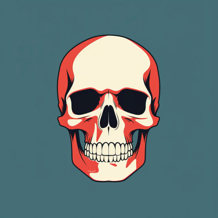 skull on turquoise background, light red and dark gray style, simplistic cartoon, dynamic anatomy, strong facial expression, dark navy and light beige, uncanny valley realism, scientific illustrations. ai generatedの素材