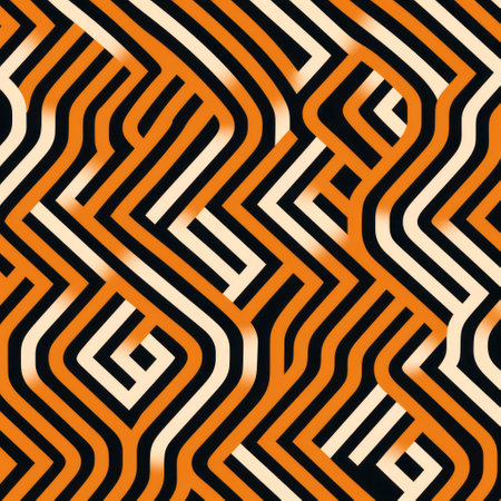 the orange and black grid pattern with a wavy design is a striking example of optical illusion paintings. the dark navy and light bronze colors create a mesmerizing effect in this 3840x2160 composition. the interlaced figures and striped compositions showcase a unique memphis design style. ai generatedの素材
