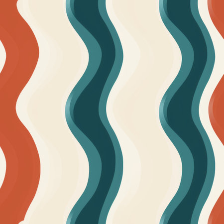 the photo features an orange, yellow, red, and blue gradient pattern with wavy lines and organic shapes in dark teal and light beige. the design exudes a cartoonish simplicity and naturalistic ocean waves, reminiscent of american mid-century wallpaper with flat colors. ai generatedの素材