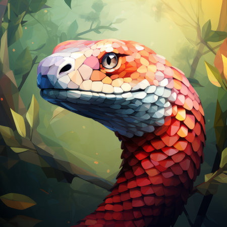 the app cover image features a vibrant snake adorned with colorful reeds, showcasing a low poly style. with shades of light crimson and crimson, this realistic portrait captures the essence of dinocore, 2d game art, and accurate ornithological paintings. immerse yourself in the world of this captivating cobra. ai generatedの素材