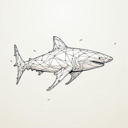 shark illustration in geodesic wire style, with subtle ink application and stark minimalism. highly realistic data visualization of a shark in water, with low resolution for added effect. ai generatedの素材