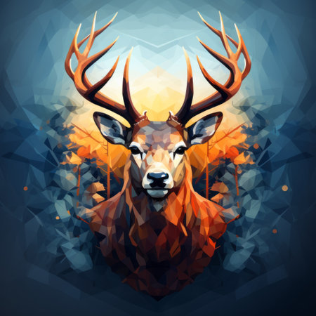 the deer head is a stunning piece of art created with a meticulous blend of geometric colors. inspired by naturalistic landscape backgrounds, it features a captivating mix of dark orange and amber hues. the low poly style, reminiscent of oil paintings, adds depth to the symmetrical and highly detailed composition. the overall effect is a dreamlike and visually captivating masterpiece. ai generatedの素材