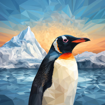 the low poly penguin stands on a rocky shore, waves crashing behind it. the colorful abstract landscape style brings out the realistic portrait of the penguin, with bold geometries and large-scale murals. the sky-blue and red hues contrast with the dark navy and light amber, creating a detailed scientific subject. ai generatedの素材