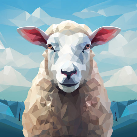 sheep wearing geometric styled dress with realistic landscapes, soft tonal colors, low poly, 8k resolution, flat backgrounds, dark white, sky-blue, and strong facial expression. ai generatedの素材