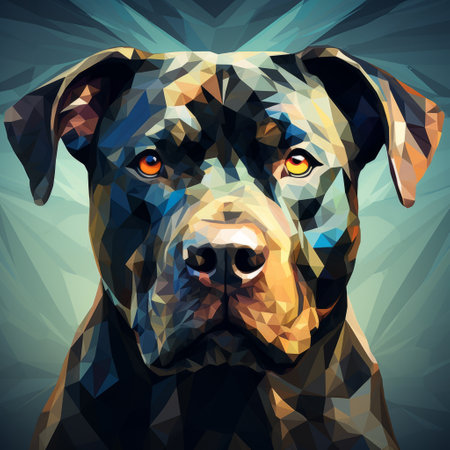black dog wearing a bright shirt in low poly style with a colorful geometric abstract art background. the photographically detailed portraitures showcase the brown and blue hues of the dog's fur, while the dark gray and light amber tones highlight its strong facial expression. ai generatedの素材