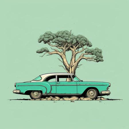 an old car with a tree on its bonnet depicted in pop-art style, featuring dreamlike and surreal elements. the color scheme is composed of dark beige and light aquamarine, while the illustration showcases intricate details of wildlife and precarious balance. this artwork falls into the category of lowbrow and psychological phenomena illustrations. keywords: old car, tree, pop-art, dreamlike, surreal, wildlife, precarious balance, lowbrow, psychological phenomena.の素材