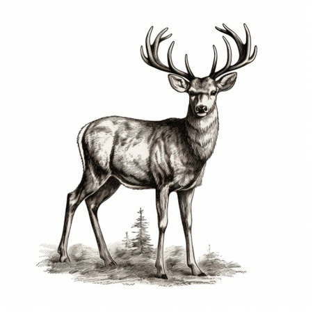 deer stock image in vintage style, digitally enhanced with flat shading. detailed character illustration with grandeur of scale. black and white drawing with a scientific illustration vibe, perfect for vintage imagery enthusiasts. ai generatedの素材