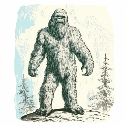 "vintage comic-style drawing features a detailed, grandeur-scaled granny bigfoot standing upright amidst a mono-ha inspired forest. the dark white and light azure palette enhances the mountainous vistas, while her strong facial expression reflects scientific subjects.", ai generatedの素材