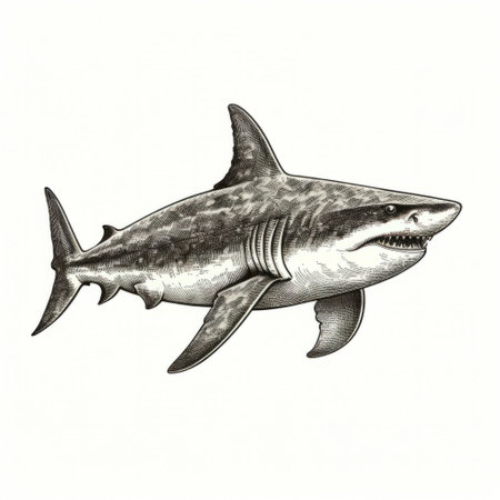 a black and white shark illustration, resembling a detailed engraving, showcases the revival of historic art forms. with light gray and amber tones, this artwork combines elements of white and bronze, creating a unique algeapunk aesthetic. the intricate pencil art illustrations are enhanced by heavy metal embroidery. ai generatedの素材