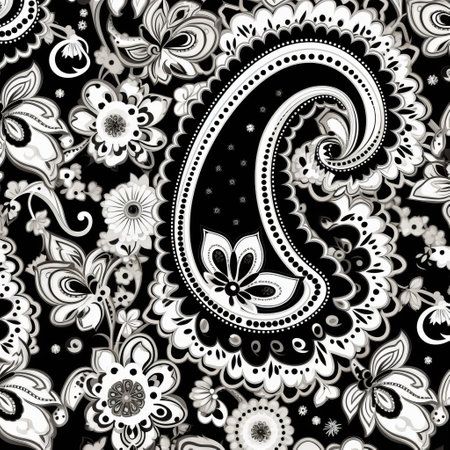 a black and white paisley pattern on a black background, reminiscent of kerem beyit's style. this retro vintage design features patchwork patterns and asymmetric designs, inspired by the ferrania p30 film. with high resolution, the mismatched patterns create a visually striking and unique aesthetic. ai generatedの素材