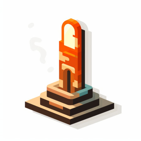 the donut house logo is depicted in an isometric drawing style, reminiscent of wifredo lam's fantastical ruins. the design features blocky, confessional, and terracotta elements, with elongated forms creating a light sculpture effect. ai generatedの素材