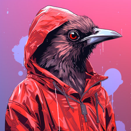 a bird wearing a mask, depicted in the style of crisp neo-pop illustrations. the dark red and purple colors create an aggressive digital illustration with high detail. the simple yet colorful design showcases realistic hyper-detailed portraits, giving a gloomy atmosphere. ai generatedの素材