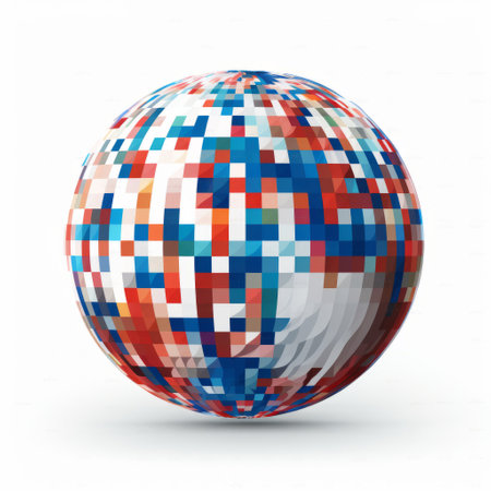 a pixelated ball featuring blue, green, and red hues stands out against a pristine white backdrop. this multilayered abstract sculpture combines earth tones, with light red and indigo shades. the grid-based, modular design creates a visually captivating piece of art. enjoy this ultra-high-definition image showcasing a unique blend of colors and americana-inspired iconography. ai generatedの素材