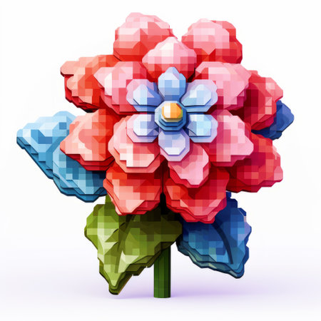 chinese pixel art pixel flower: a stunning 2d game art featuring a voxel-style pixel flower with vibrant color blocks in light red and blue. the art is inspired by art nouveau and textured illustrations, creating a unique bloomcore aesthetic. perfect for game developers and art enthusiasts looking for a visually striking design. ai generatedの素材